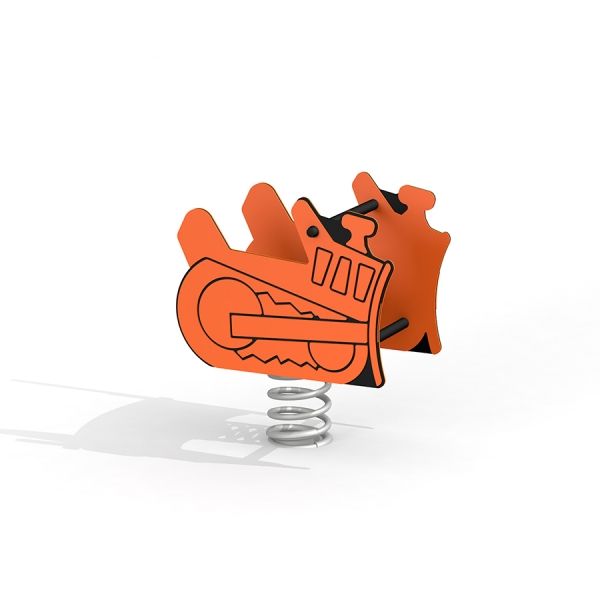 Lekställning i form av orange bulldozer på fjäder.