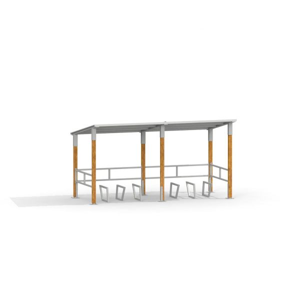 Bisikleta Cykelgarage med trästolpar och metalltak.