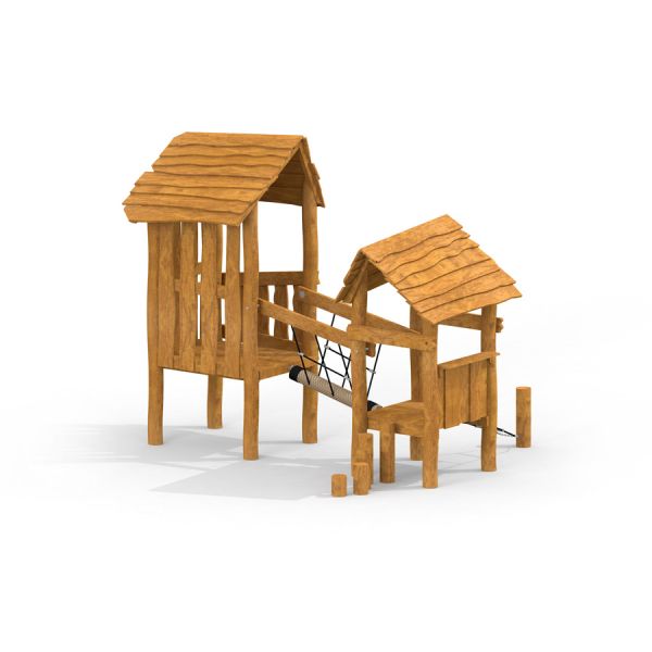 Två hus med naturtema från Harliga Husen Natur med förbindande bro och klätternät.
