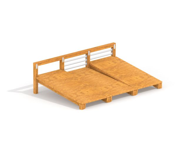 Träplattform för Situps med två lutande ytor och räcken.