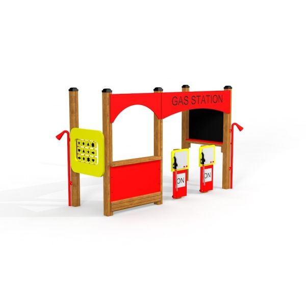 Lekstation i form av bensinstation för barn.