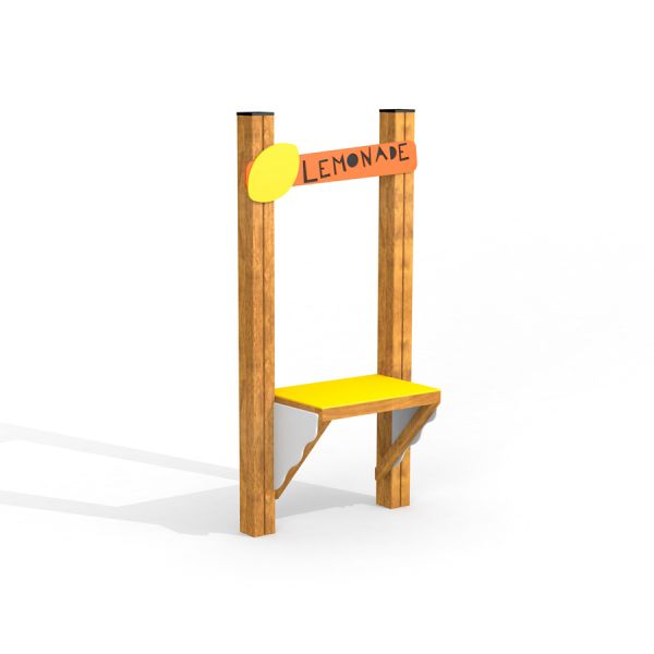 Wooden lemonade stand for children with yellow surface and LEMONADE sign.