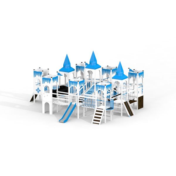 Winter Mansion lekplatsutrustning i isig design med rutschkanor och klätterställningar.