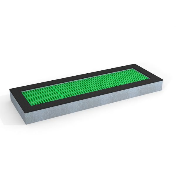 Rektangulär trampolin med grön hoppmatta.