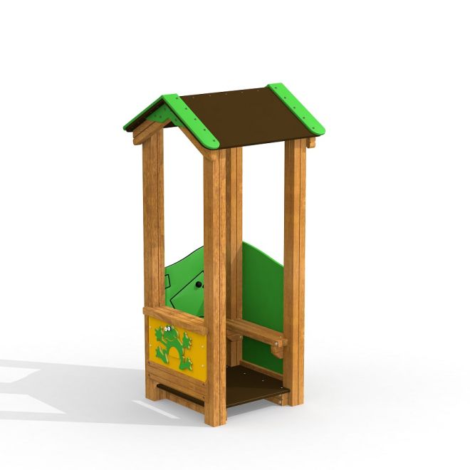 Frog Playhouse - trähus för barn med gröna och gula paneler.