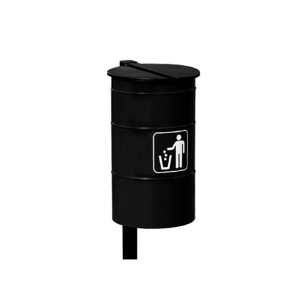 Svart City Bin w/ Covered Lid monterad på en stång.