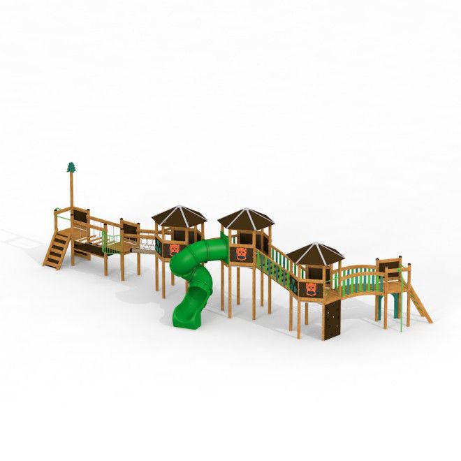 Forest Village lekplats med rutschbana och klätterställning i trädgården.
