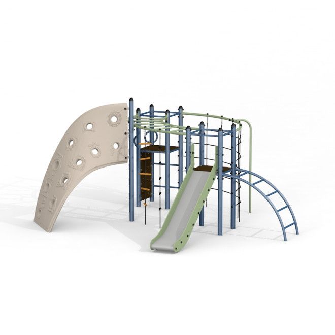 Blåvalen lekställning med klättervägg, rutschkana och repnät för utomhuslek.