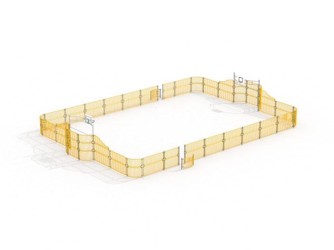 Friends Arena, rektangulär sportarena med gula stängsel och två mål.