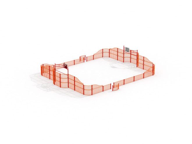 Fotbollsplan Bjärevallen i orange staket.