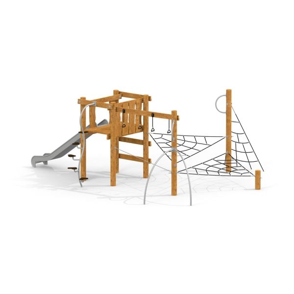 Lekställning Hekla med rutschkana, klätternät och gymringar.