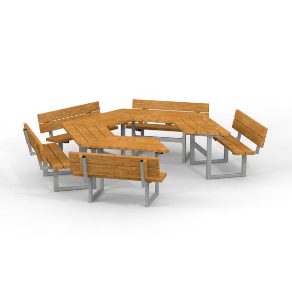 Träbord och bänkar i vinklade sektioner, Bänkbord samling.