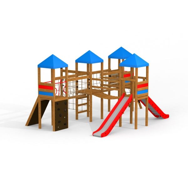 Lekplats Sphinx med rutschkanor, klättervägg och torn.