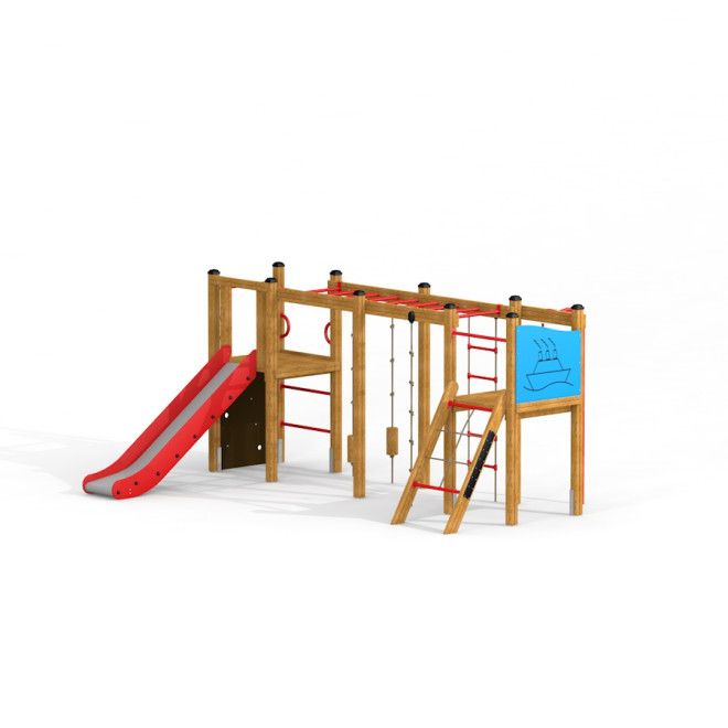 Lekplatsutrustning Zebra med rutschkana, klätterrep och balansbom i trä och rött.