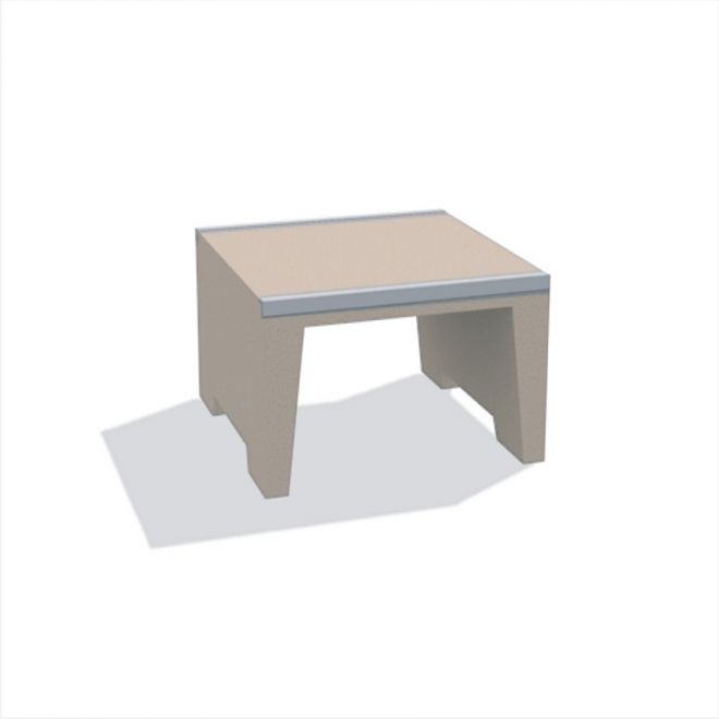 Beige Box bord med metallkanter.