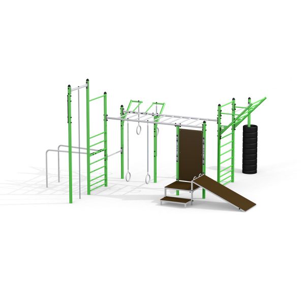 Lekplatsutrustning Tressfit, multifunktionell träningsstation med klätterställning, ringar och ramp.