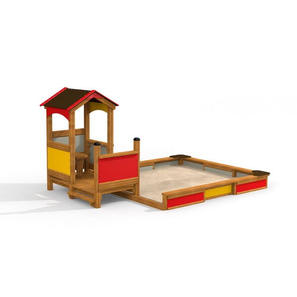 Lekstuga och sandlåda Sandlekhus träfärgad med röd och gul panel.