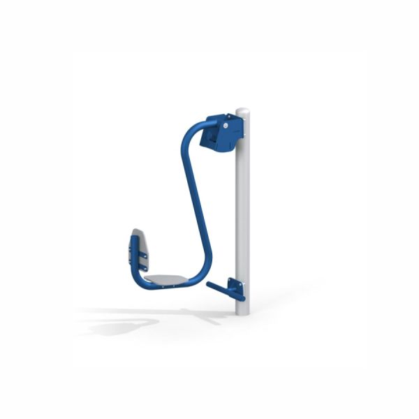Utomhusträningsutrustning Leg Press med blå och vit design.