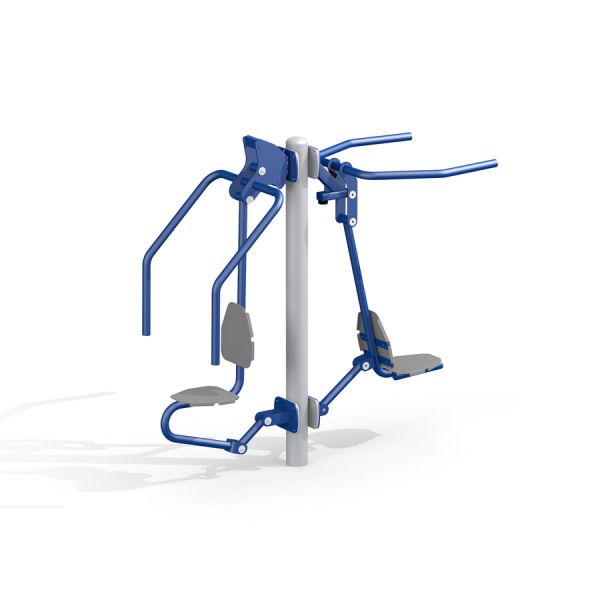 Träningsutrustning Pull Down + Chest Press i blått och grått.